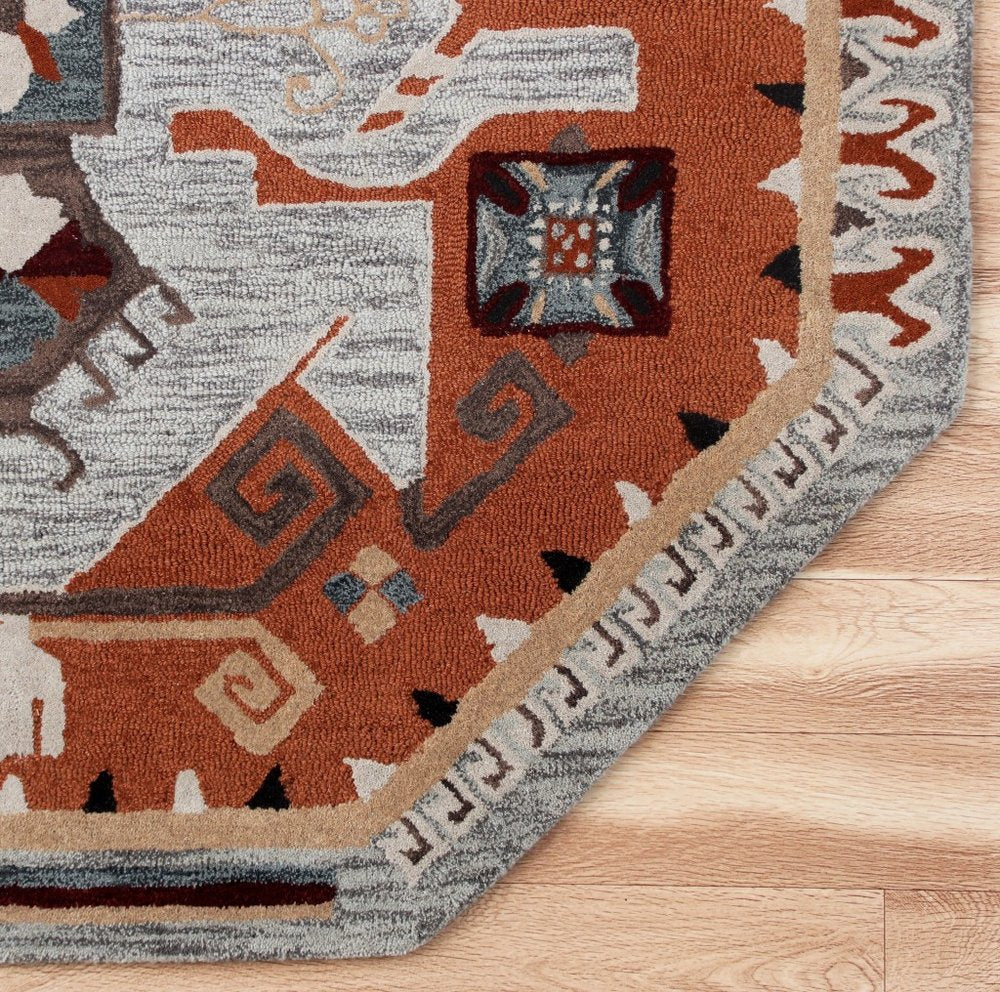 6' Blue And Red Wool Hand Tufted Octagon Rug