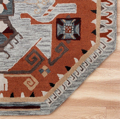 6' Blue And Red Wool Hand Tufted Octagon Rug
