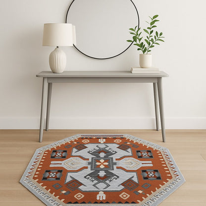 6' Blue And Red Wool Hand Tufted Octagon Rug
