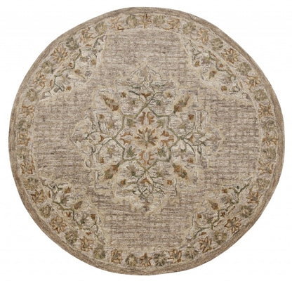 6' Round Beige Distressed Medallion Area Rug