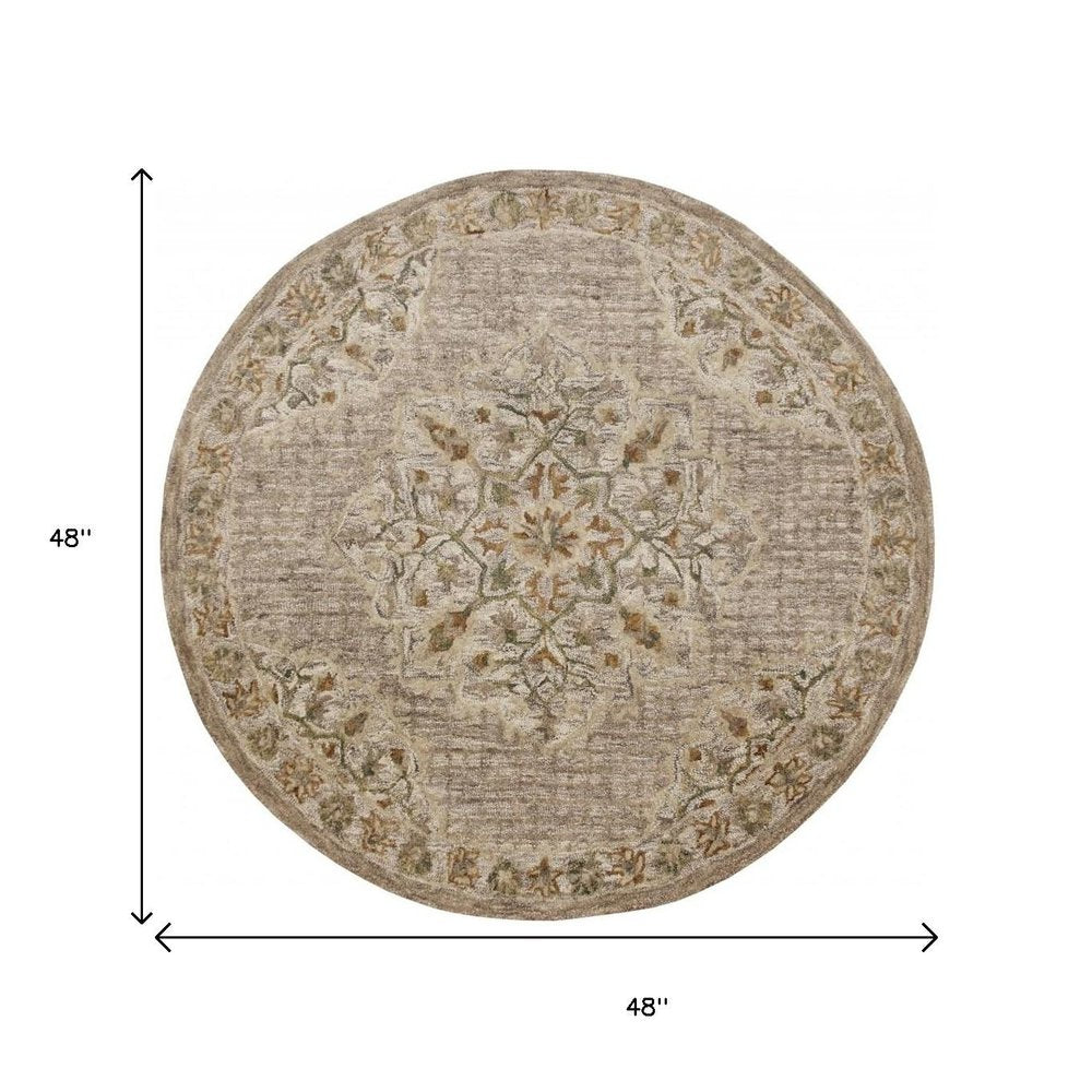 4' Round Beige Distressed Medallion Area Rug