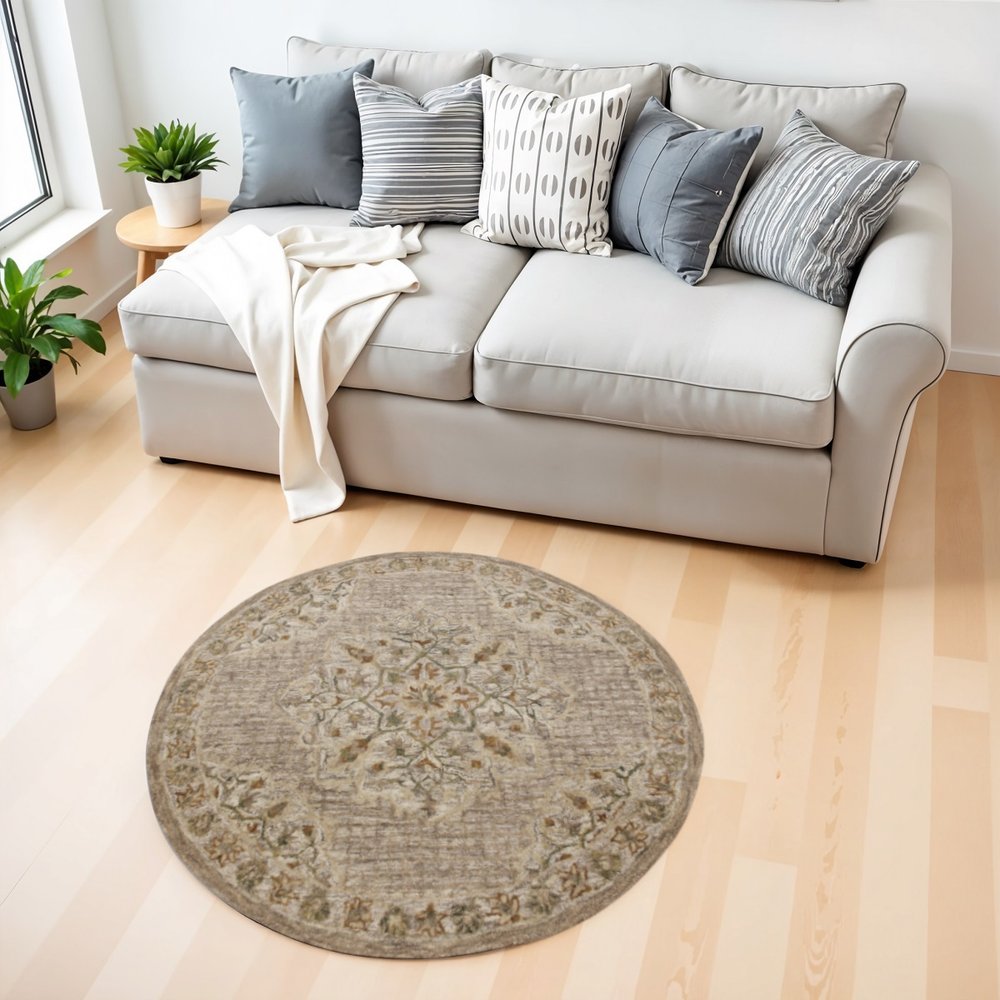 4' Round Beige Distressed Medallion Area Rug