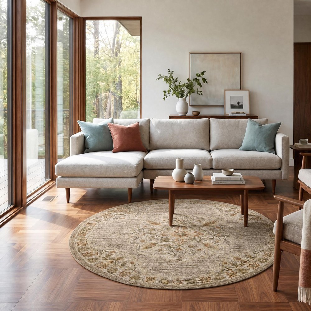 6' Round Beige Distressed Medallion Area Rug