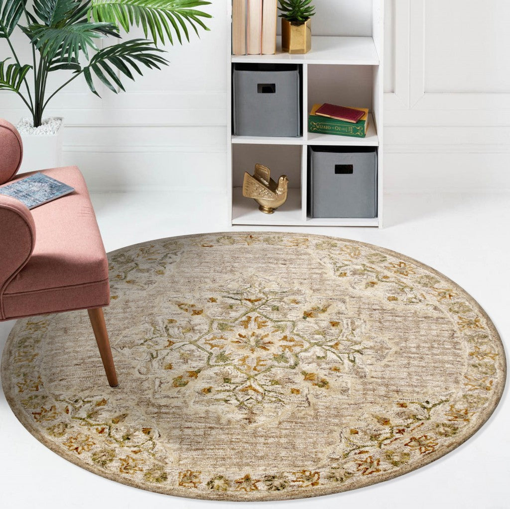 6' Round Beige Distressed Medallion Area Rug