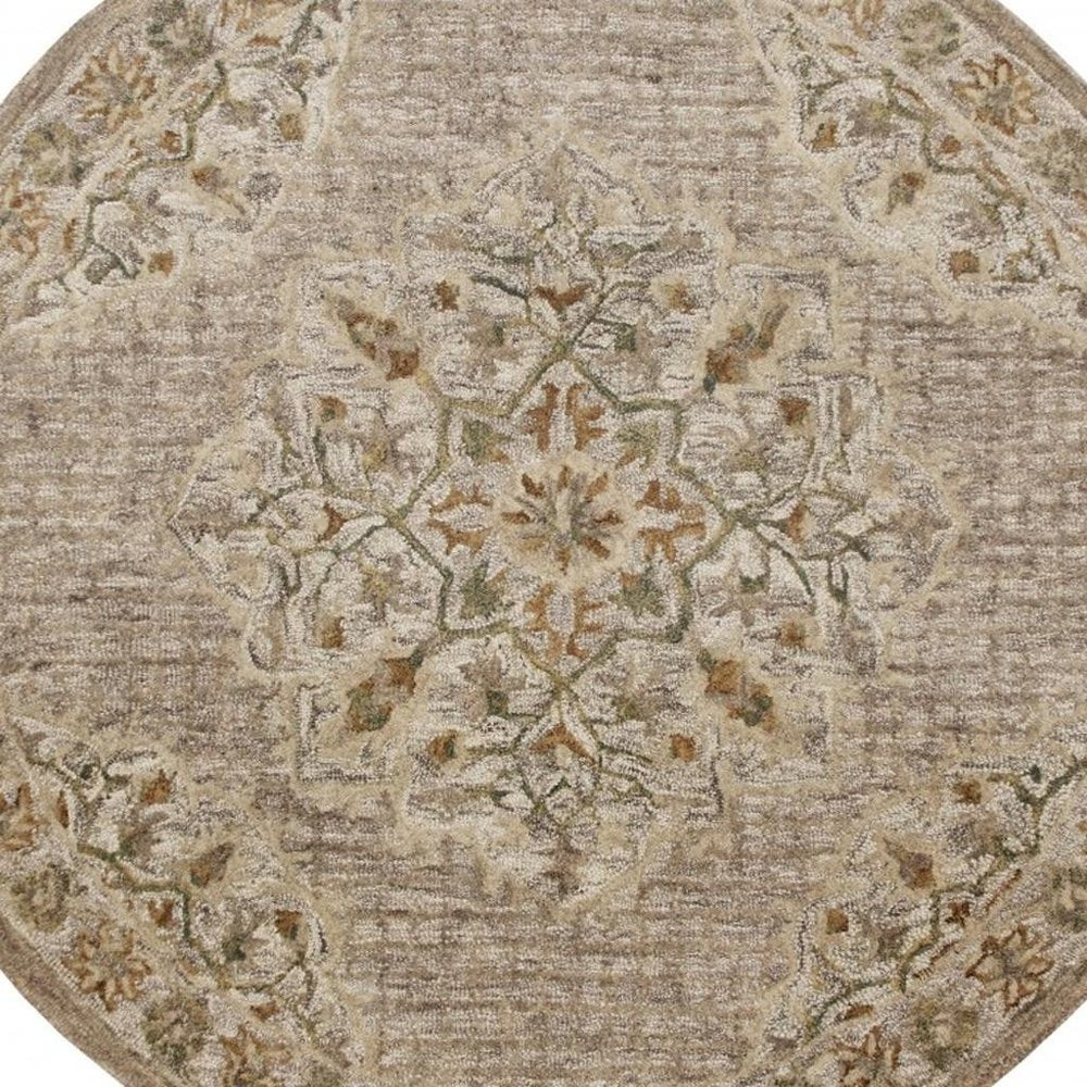 4' Round Beige Distressed Medallion Area Rug