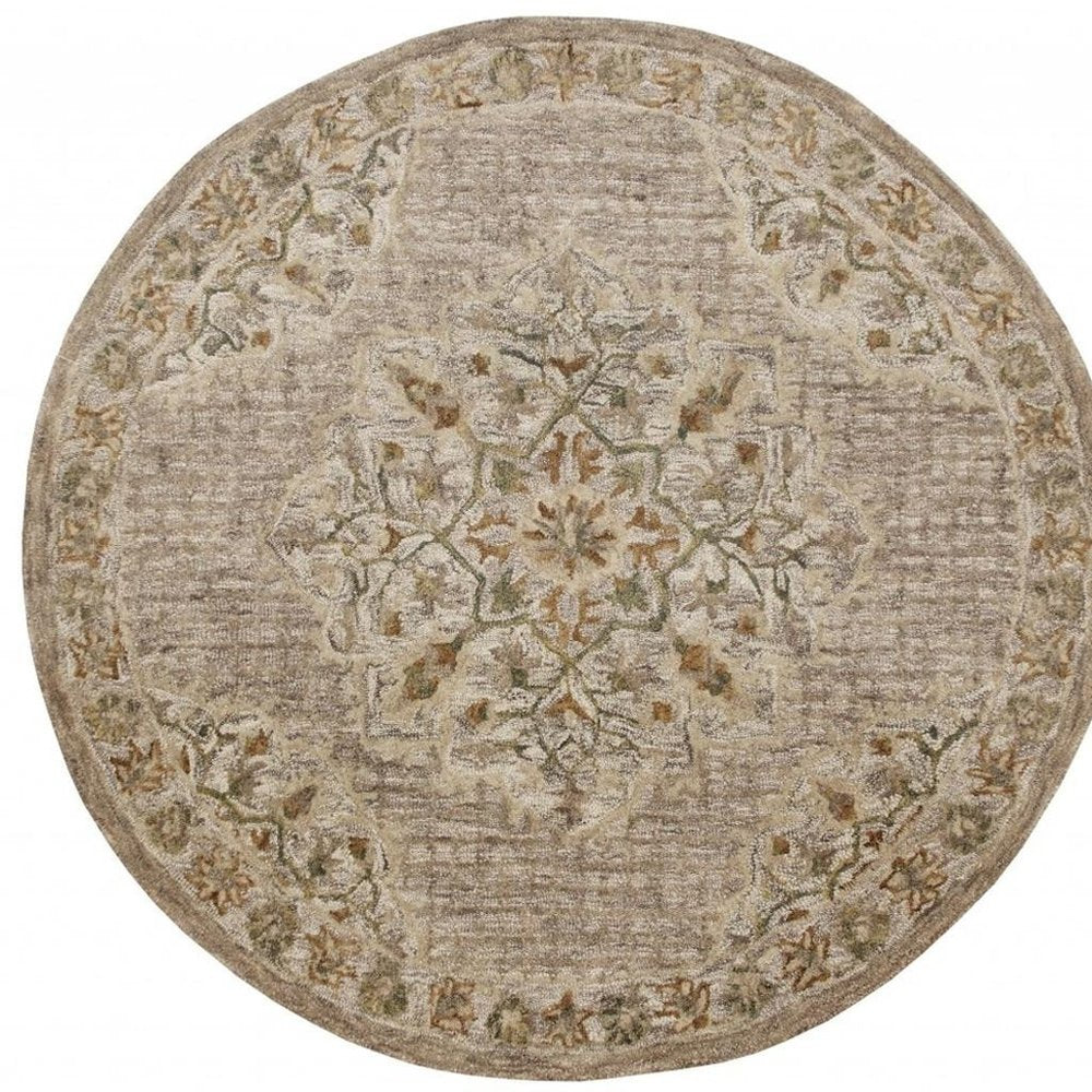 6' Round Beige Distressed Medallion Area Rug