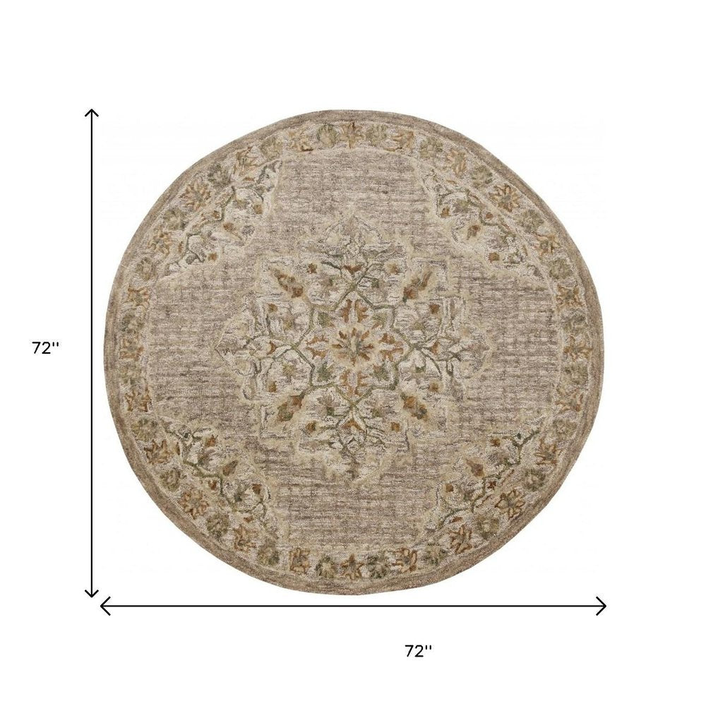 6' Round Beige Distressed Medallion Area Rug