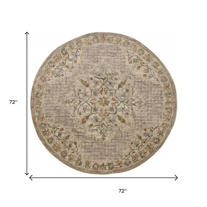 6' Round Beige Distressed Medallion Area Rug