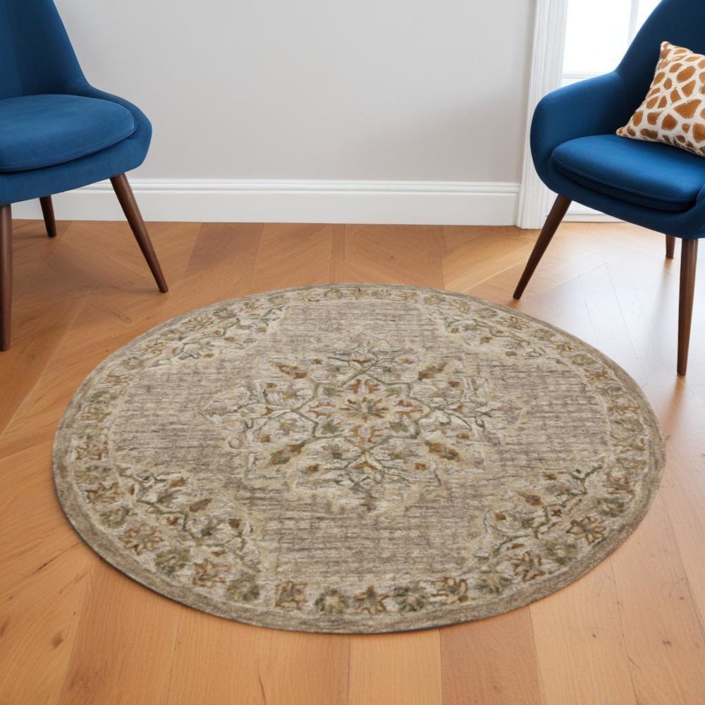 6' Round Beige Distressed Medallion Area Rug