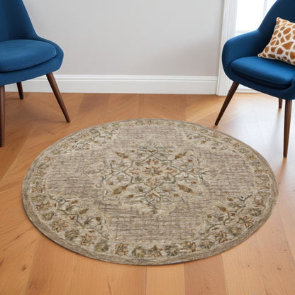 6' Round Beige Distressed Medallion Area Rug