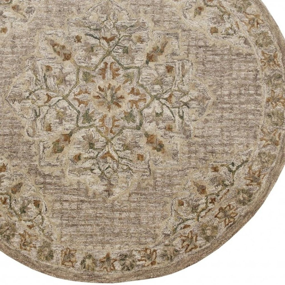 6' Round Beige Distressed Medallion Area Rug