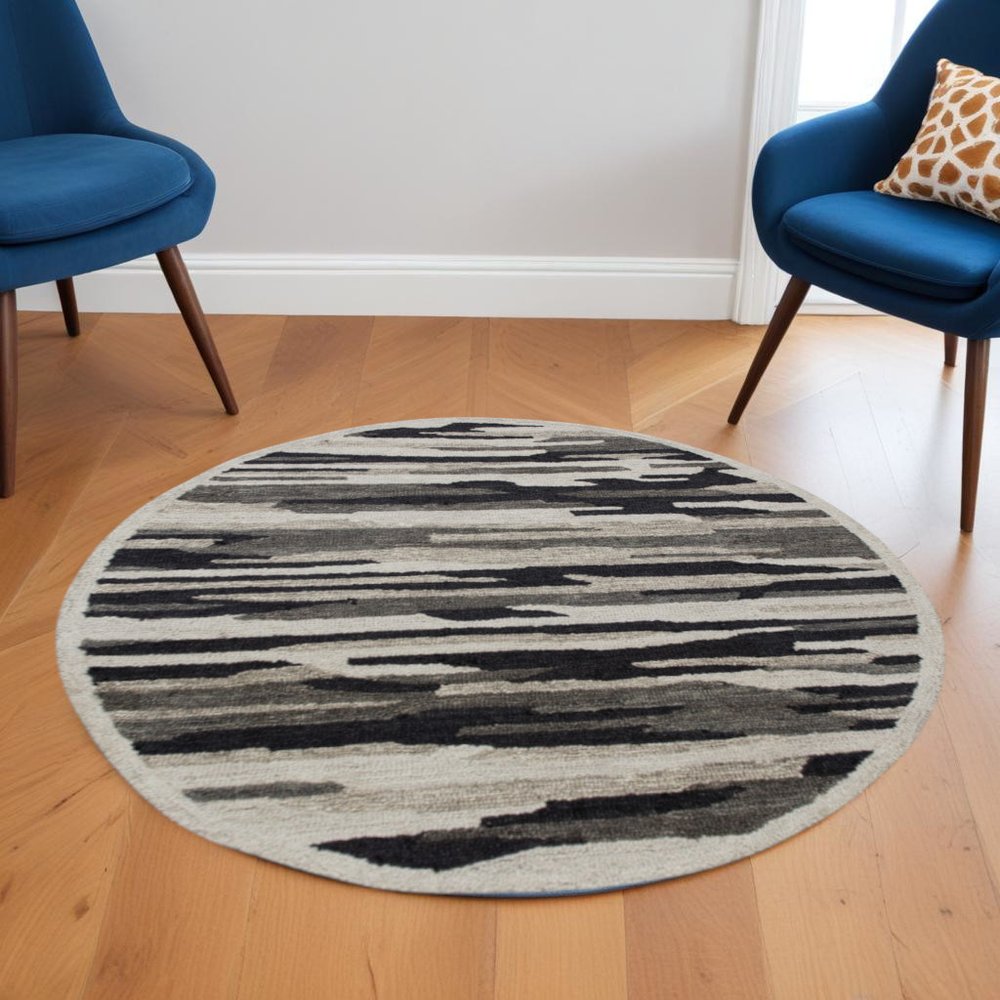 4' Round Black and Gray Camouflage Area Rug