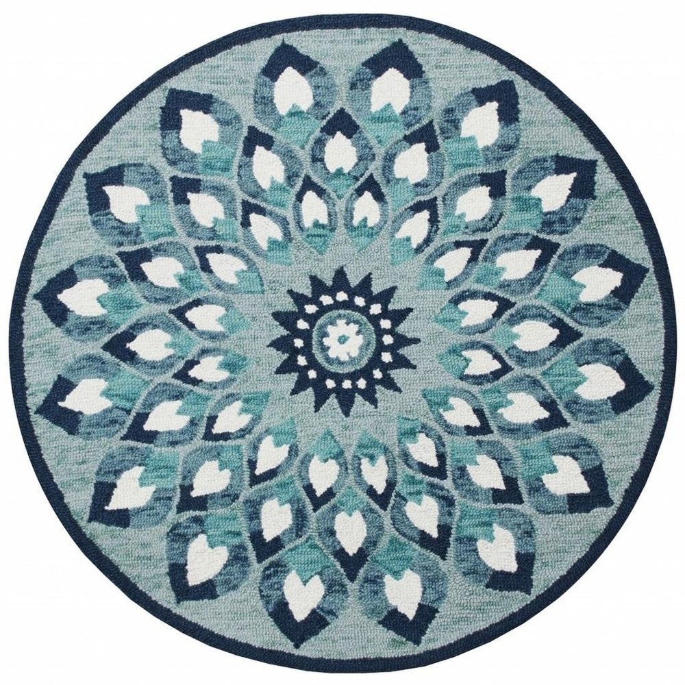 4' Round Blue and White Floral Feather Area Rug