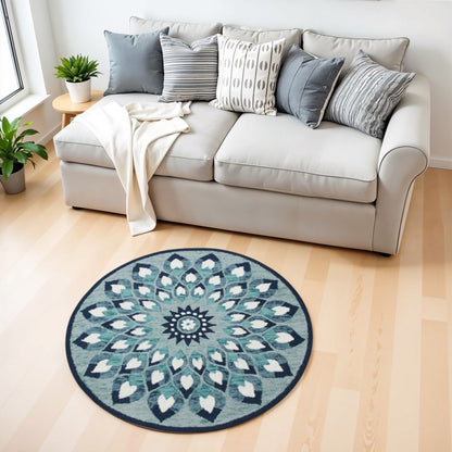 4' Round Blue and White Floral Feather Area Rug