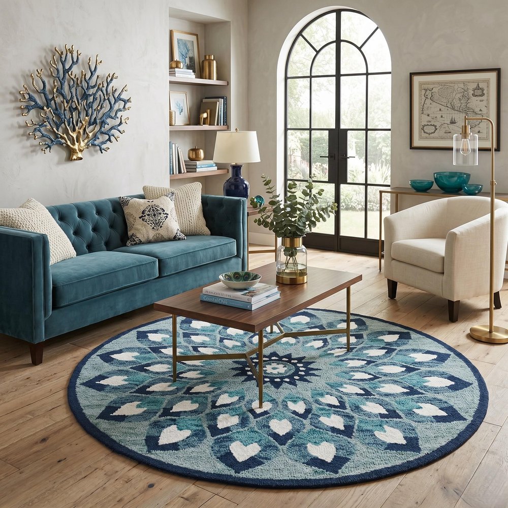 4' Round Blue and White Floral Feather Area Rug