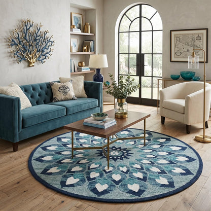 4' Round Blue and White Floral Feather Area Rug
