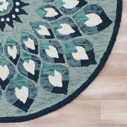 4' Round Blue and White Floral Feather Area Rug