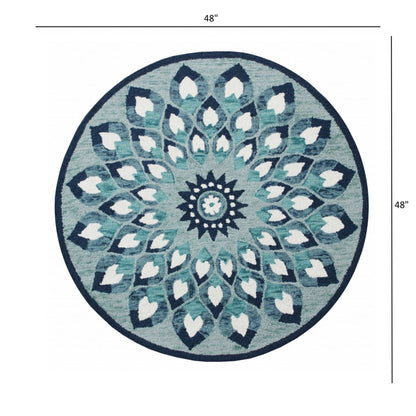 4' Round Blue and White Floral Feather Area Rug