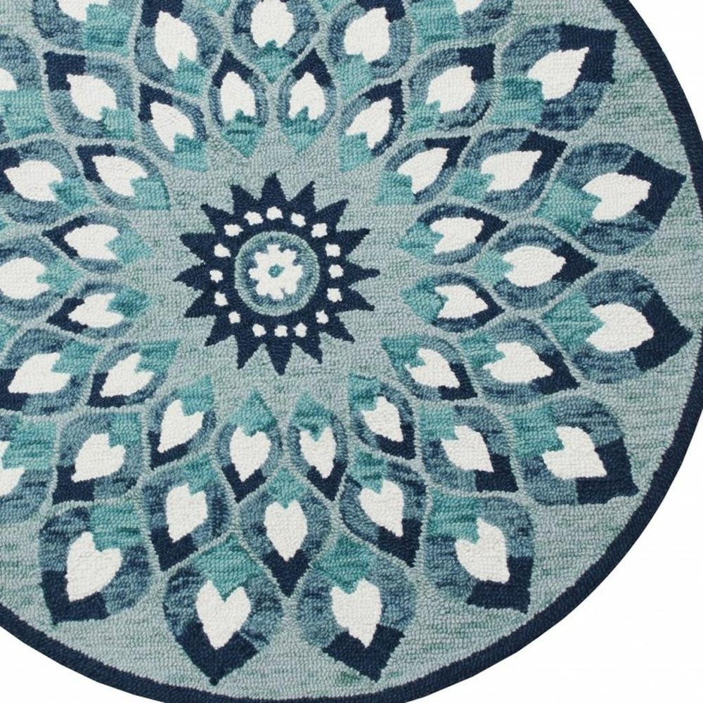 4' Round Blue and White Floral Feather Area Rug