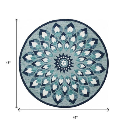 4' Round Blue and White Floral Feather Area Rug