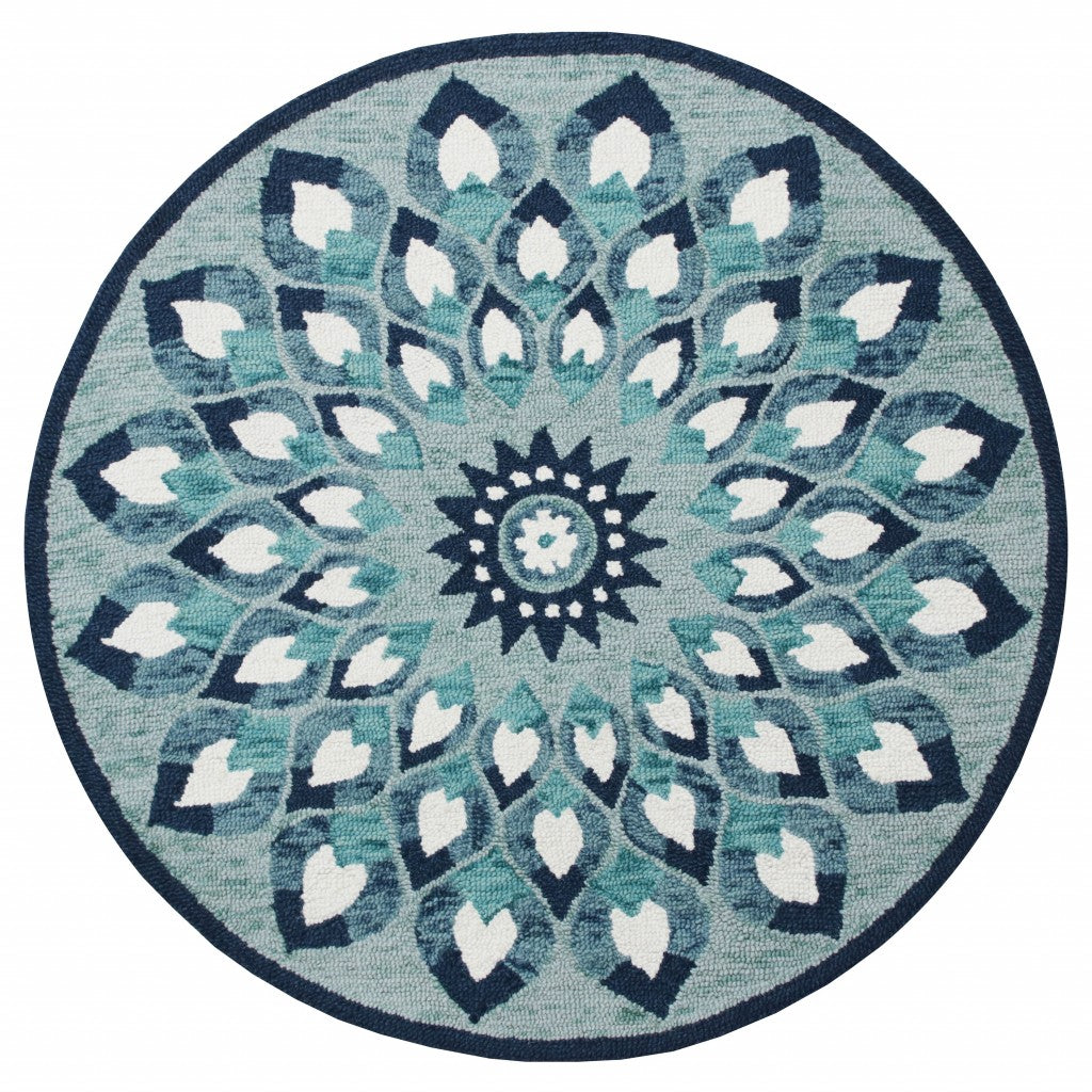 4' Round Blue and White Floral Feather Area Rug