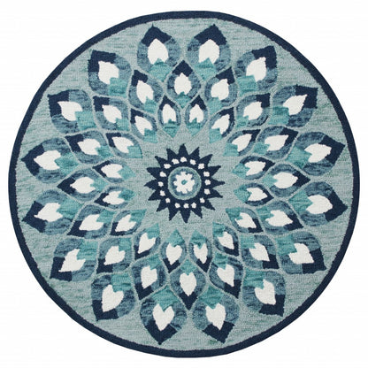 4' Round Blue and White Floral Feather Area Rug