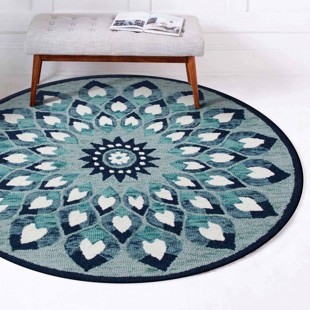 4' Round Blue and White Floral Feather Area Rug