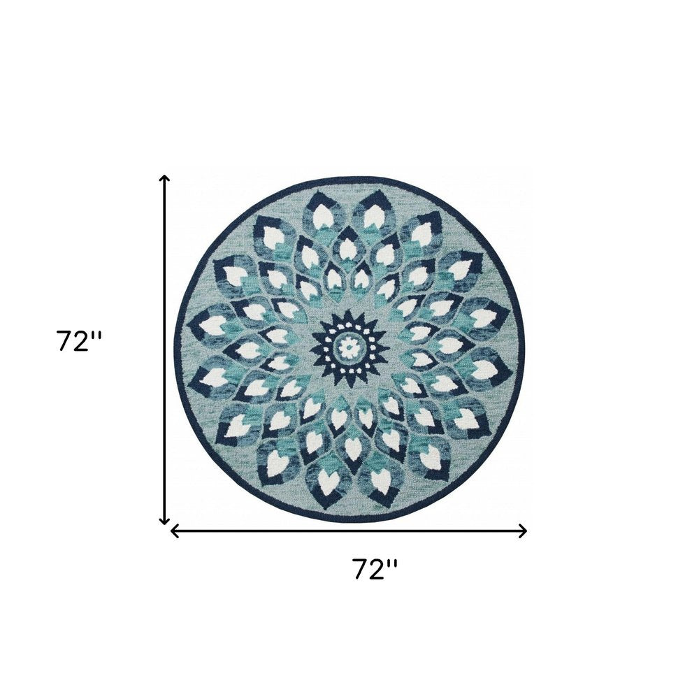 4' Round Blue and White Floral Feather Area Rug