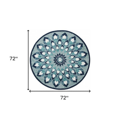 4' Round Blue and White Floral Feather Area Rug
