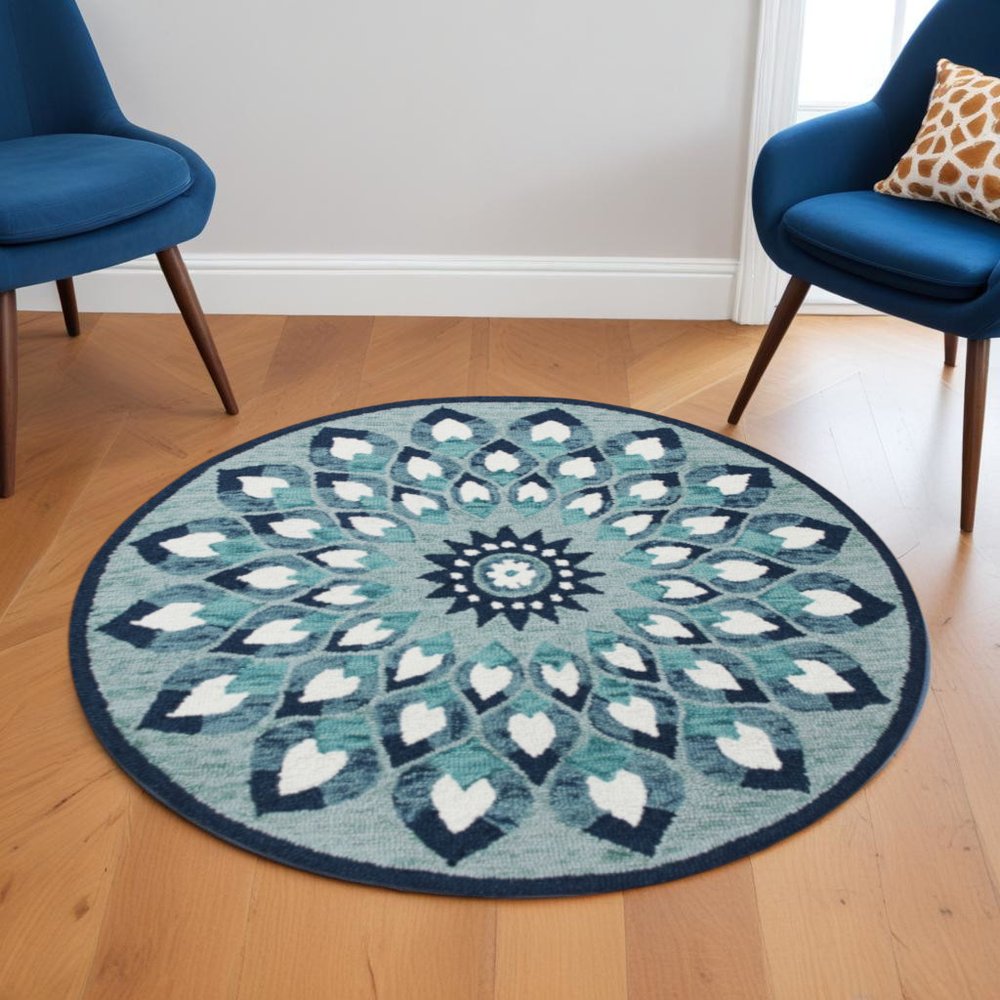 4' Round Blue and White Floral Feather Area Rug
