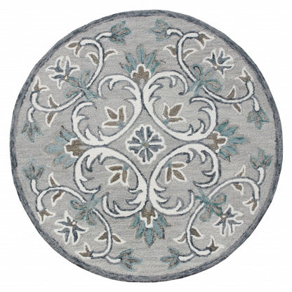 6' Round Gray and White Filigree Area Rug