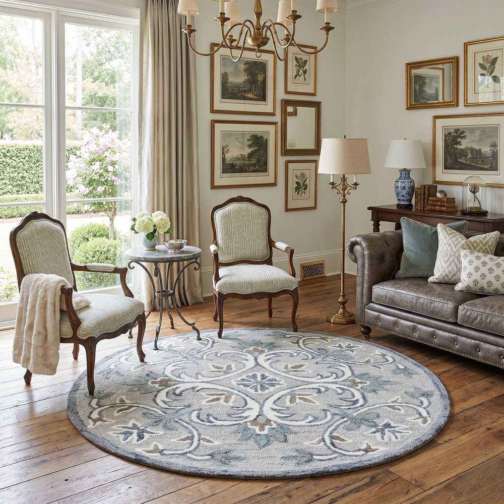 6' Round Gray and White Filigree Area Rug