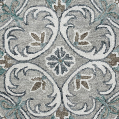 6' Round Gray and White Filigree Area Rug