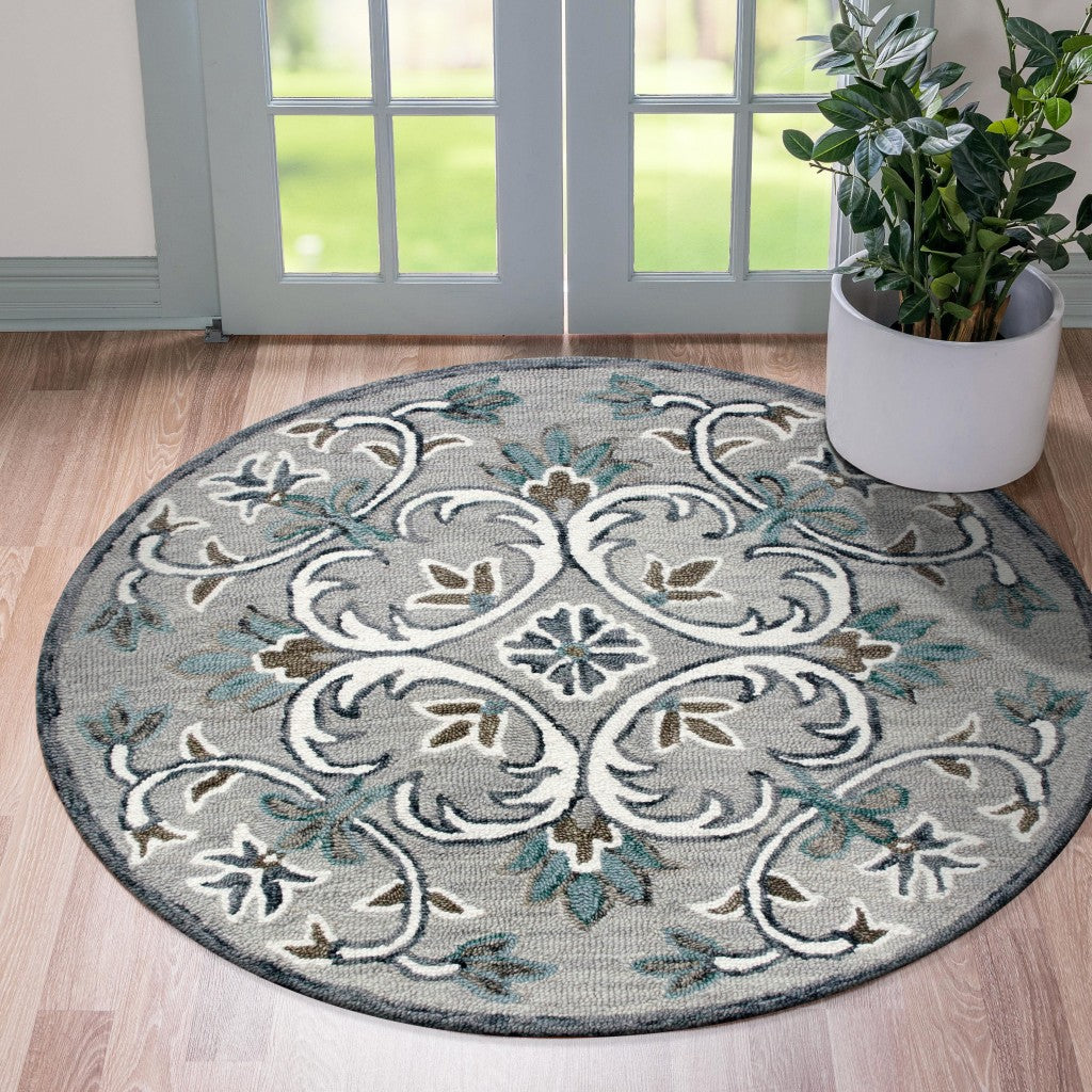 6' Round Gray and White Filigree Area Rug