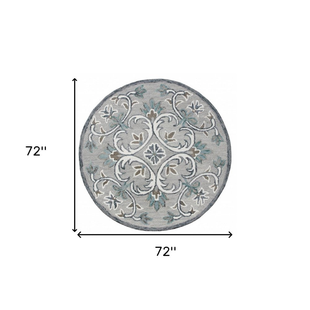 6' Round Gray and White Filigree Area Rug