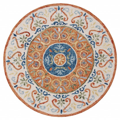 6' Round Orange Traditional Medallion Area Rug