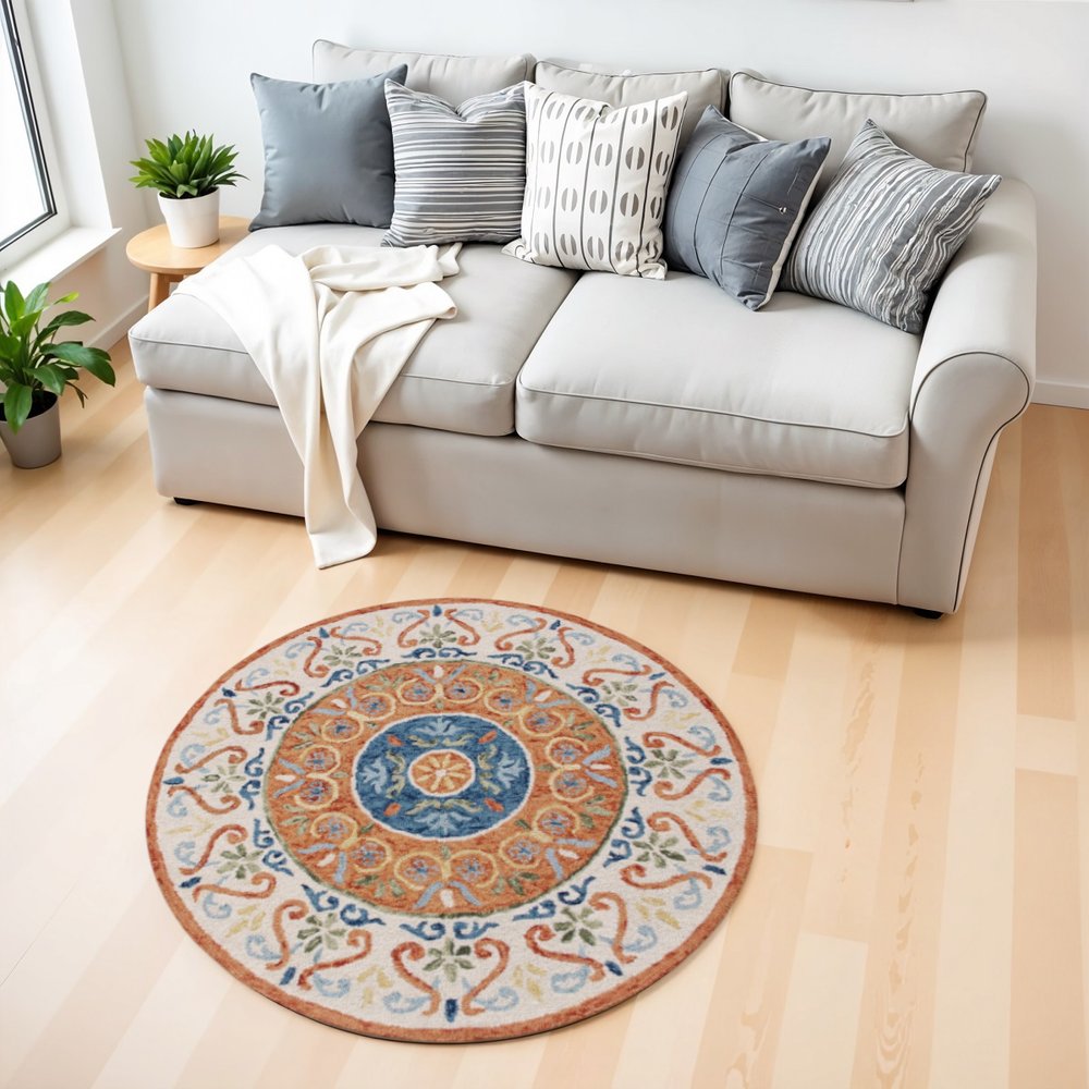 6' Round Orange Traditional Medallion Area Rug