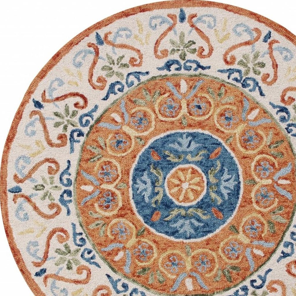 4' Round Orange Traditional Medallion Area Rug
