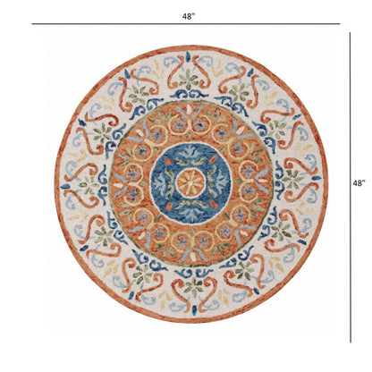 6' Round Orange Traditional Medallion Area Rug