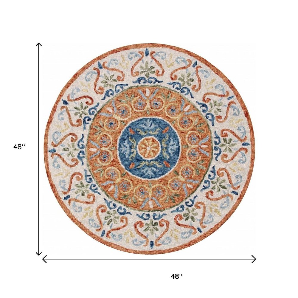 4' Round Orange Traditional Medallion Area Rug