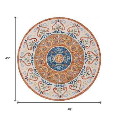 4' Round Orange Traditional Medallion Area Rug