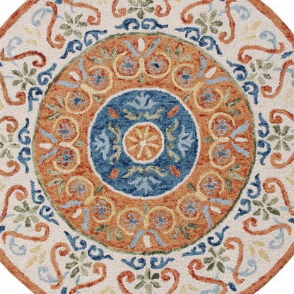 4' Round Orange Traditional Medallion Area Rug