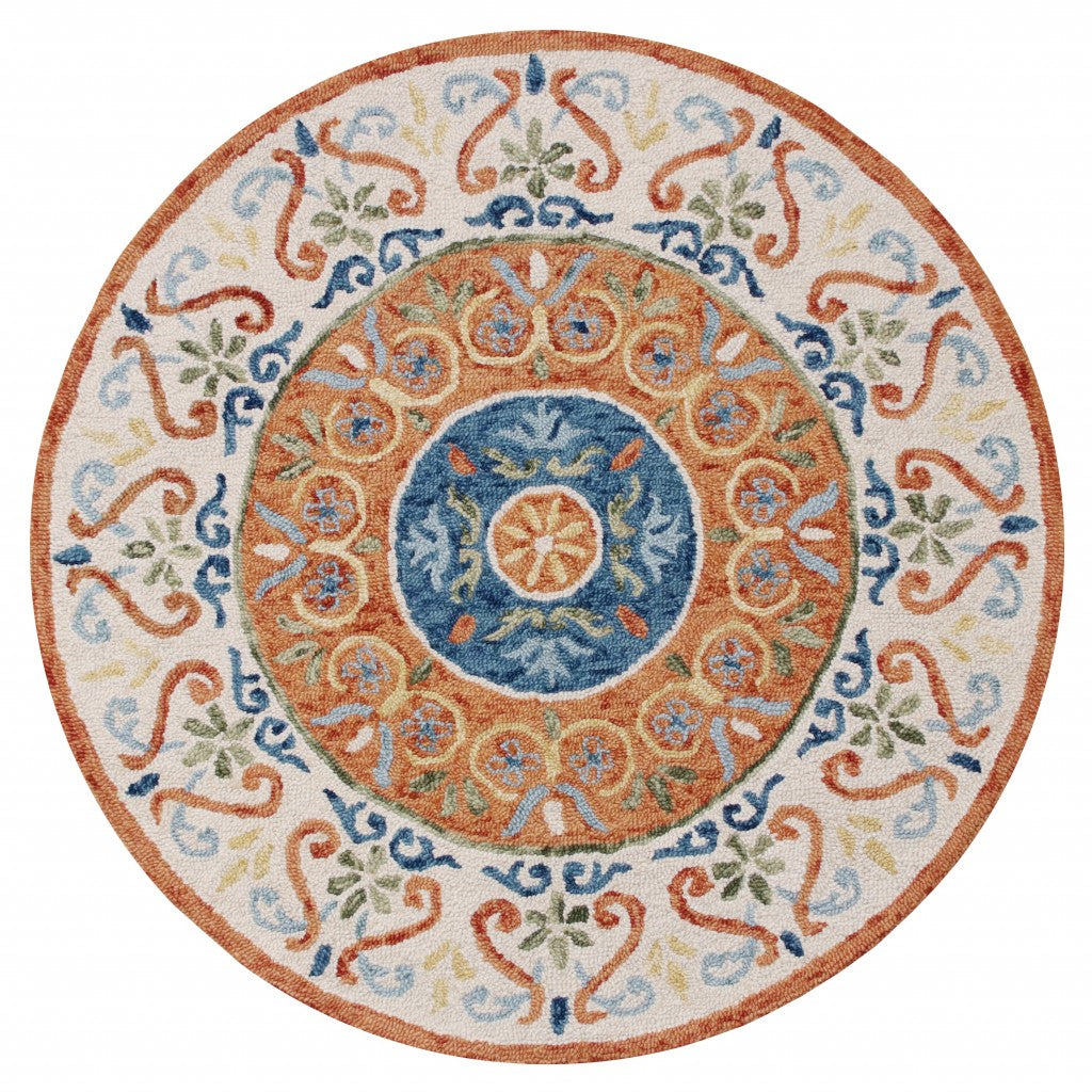 6' Round Orange Traditional Medallion Area Rug