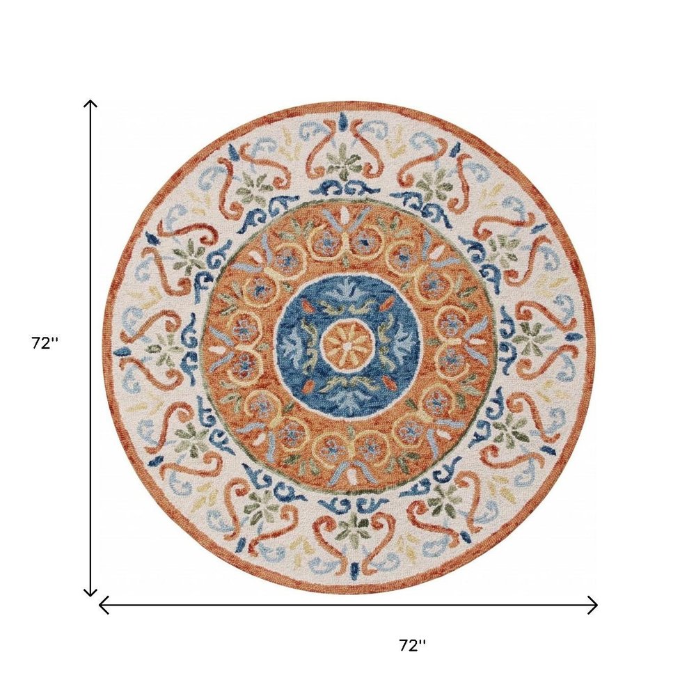 6' Round Orange Traditional Medallion Area Rug