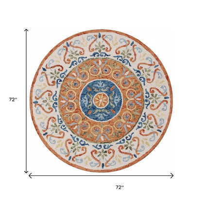 6' Round Orange Traditional Medallion Area Rug
