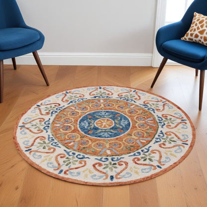 4' Round Orange Traditional Medallion Area Rug