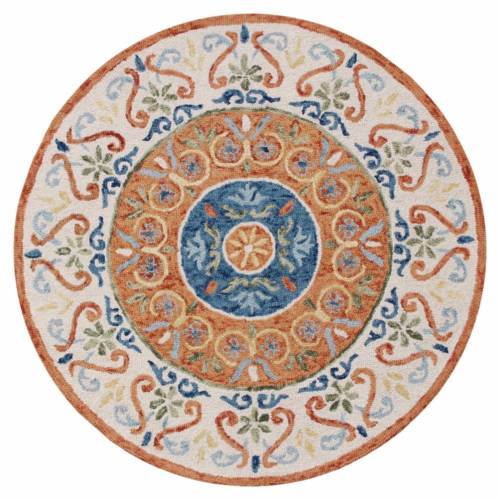 4' Round Orange Traditional Medallion Area Rug