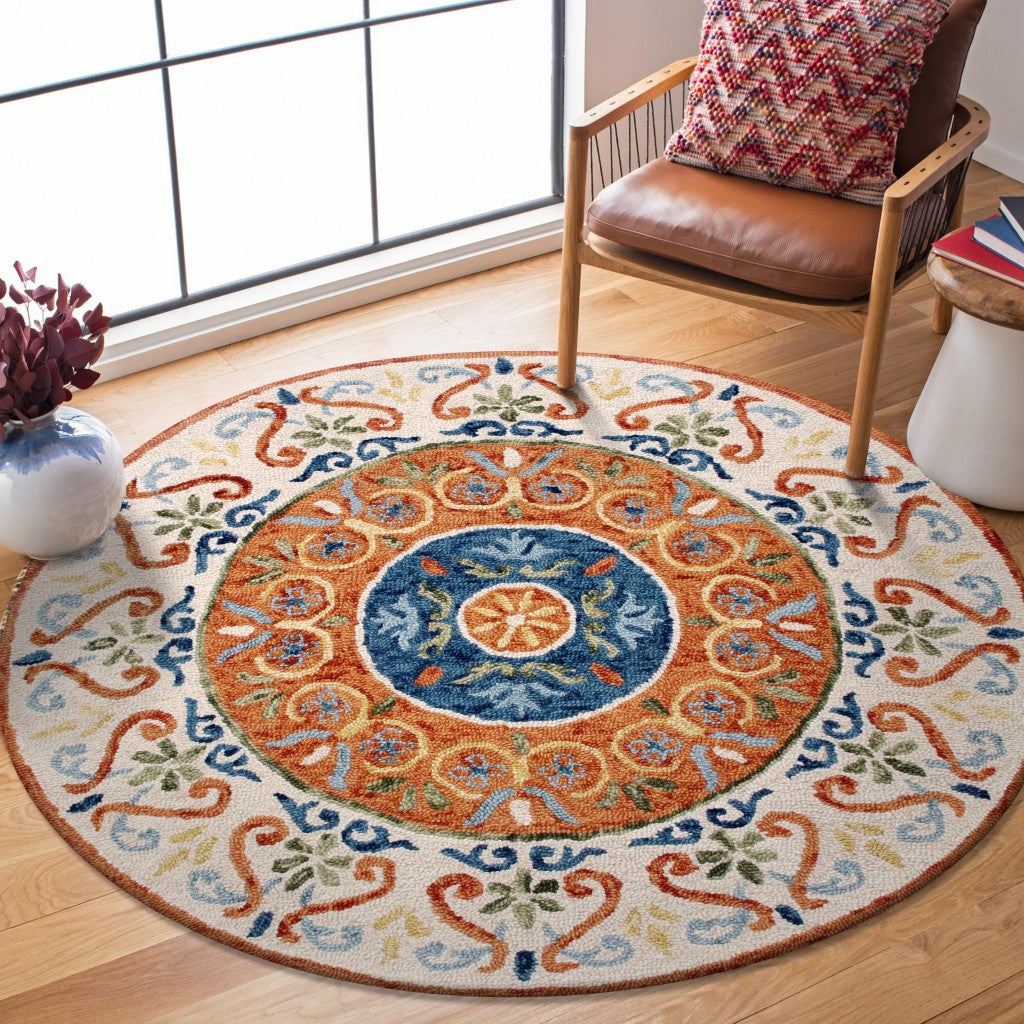 6' Round Orange Traditional Medallion Area Rug