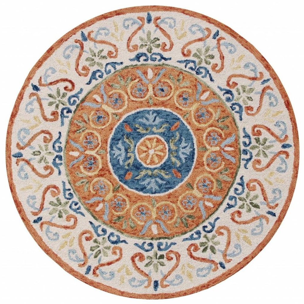 4' Round Orange Traditional Medallion Area Rug
