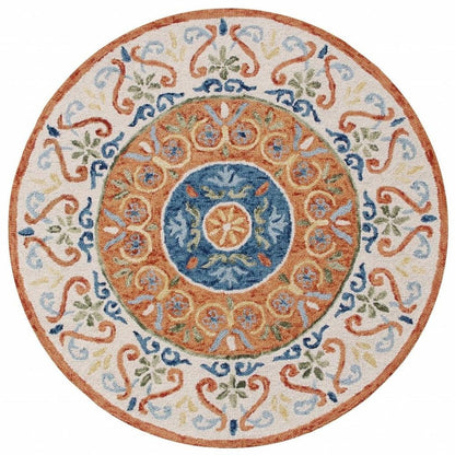 4' Round Orange Traditional Medallion Area Rug